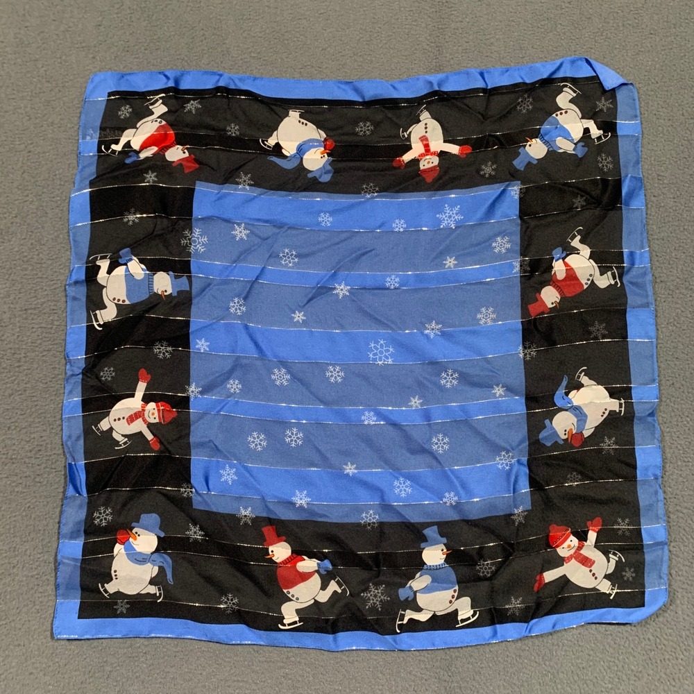 Vintage Snowman Ice Skating Square Scarf Blue Black Metallic Made in Italy 20x20